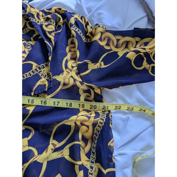 Feratelli Tunic Top Womens S Flowy Navy Status Print Sheer Moto Zip RollTab Glam - Picture 12 of 13